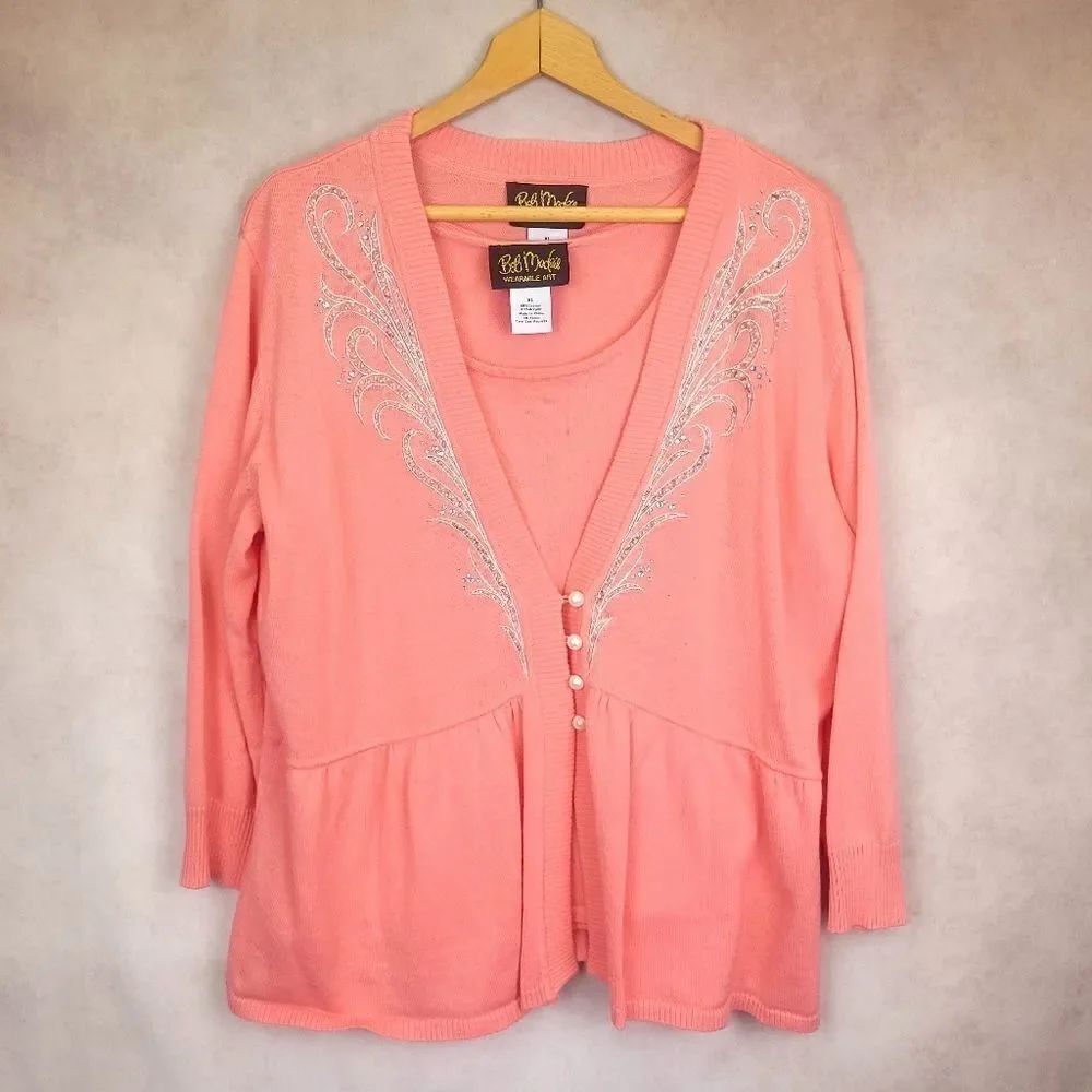 Vintage Bob Mackie Wearable Art Salmon Pink Tank and Cardigan Set Size XL
